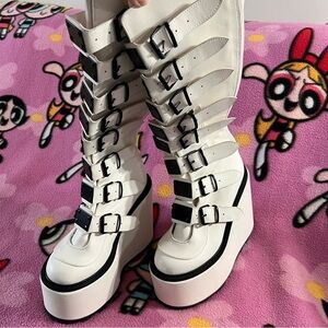 Demonia Swing 815 White and Black Platform Buckle Boots